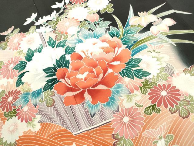 平和屋着物●豪華黒留袖　立波花鳥文　仮絵羽　正絹　逸品　未使用　DABC2955ud 平和屋着物○豪華黒留袖 立波花鳥文 仮絵羽 正絹 逸品 未使用