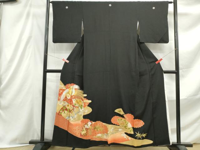 平和屋着物■豪華黒留袖 扇面花鳥文 金銀糸 金彩 正絹 逸品 DABE8951qa