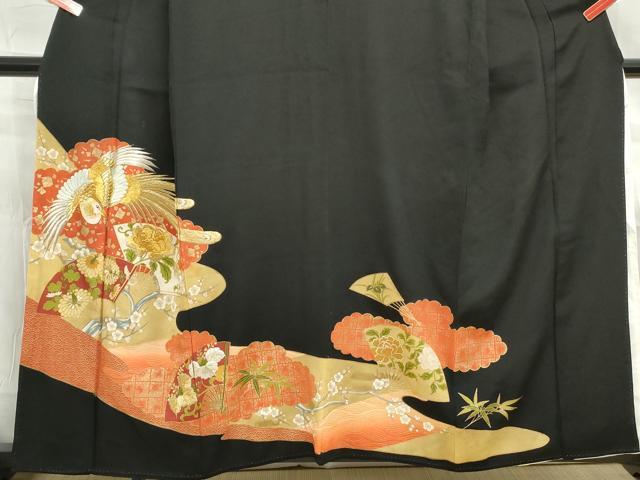 平和屋着物■豪華黒留袖 扇面花鳥文 金銀糸 金彩 正絹 逸品 DABE8951qa