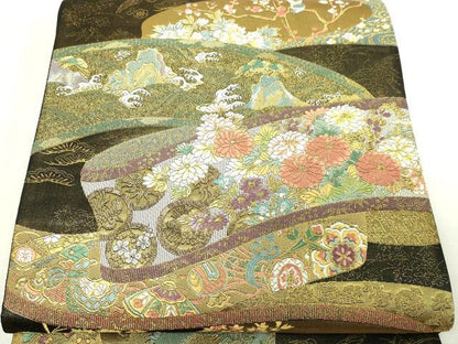 平和屋本店▼六通柄袋帯　唐織　林派瑞祥錦　黒地　本金箔つづれ　正絹　24ｋ　逸品　DABE9087sf