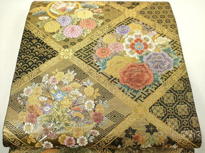 平和屋本店▼六通柄袋帯　唐織　有職花丸文　黒地　本金箔　正絹　24ｋ　逸品　DABE9098sf