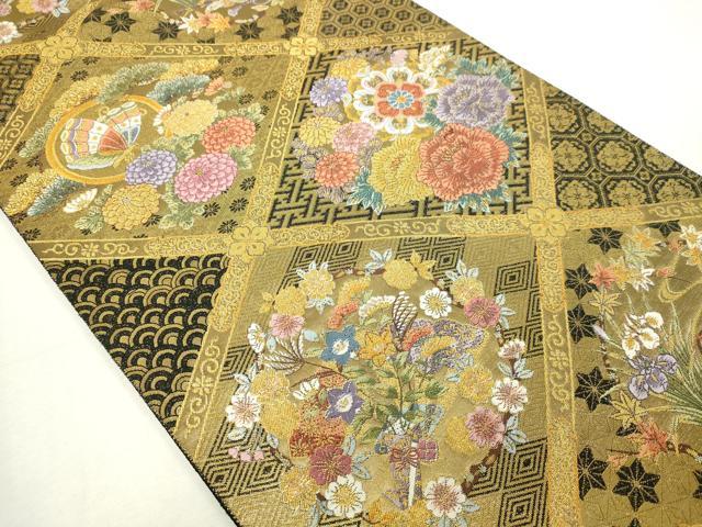 平和屋本店▼六通柄袋帯　唐織　有職花丸文　黒地　本金箔　正絹　24ｋ　逸品　DABE9098sf