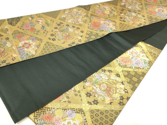 平和屋本店▼六通柄袋帯　唐織　有職花丸文　黒地　本金箔　正絹　24ｋ　逸品　DABE9098sf