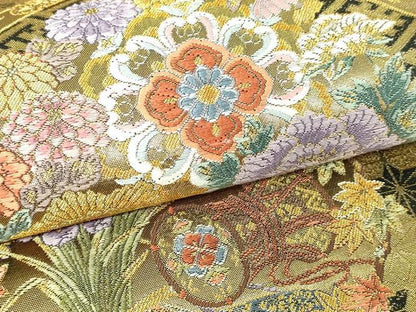 平和屋本店▼六通柄袋帯　唐織　有職花丸文　黒地　本金箔　正絹　24ｋ　逸品　DABE9098sf