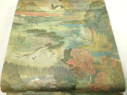 平和屋本店▼西陣　あさぎ　両面　全通全景柄袋帯　六十餘州名勝絵會全景図　24金プラチナ二重箔　正絹　24ｋ　逸品　DABE9106sf