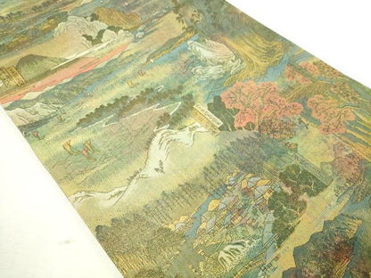 平和屋本店▼西陣　あさぎ　両面　全通全景柄袋帯　六十餘州名勝絵會全景図　24金プラチナ二重箔　正絹　24ｋ　逸品　DABE9106sf