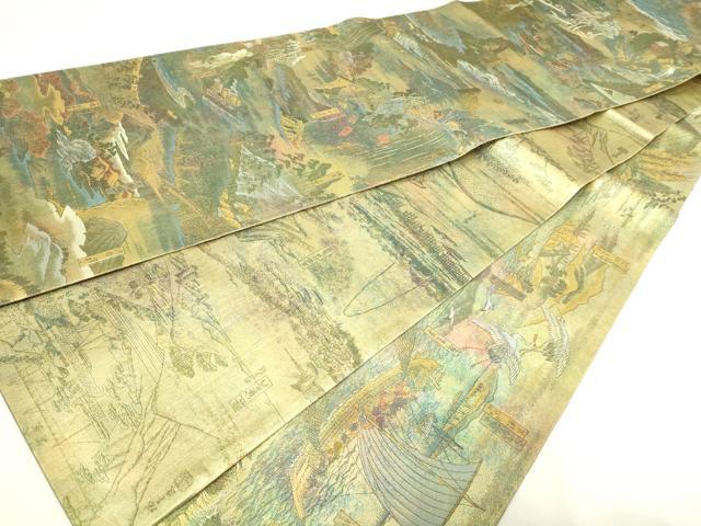 平和屋本店▼西陣　あさぎ　両面　全通全景柄袋帯　六十餘州名勝絵會全景図　24金プラチナ二重箔　正絹　24ｋ　逸品　DABE9106sf