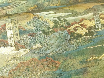 平和屋本店▼西陣　あさぎ　両面　全通全景柄袋帯　六十餘州名勝絵會全景図　24金プラチナ二重箔　正絹　24ｋ　逸品　DABE9106sf
