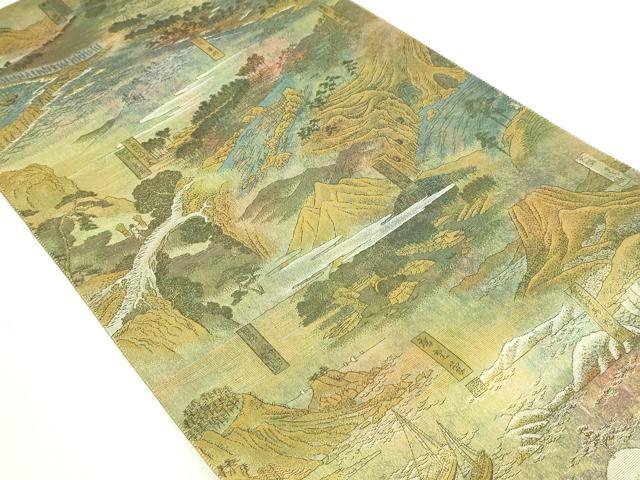 平和屋本店▼西陣　あさぎ　両面　全通全景柄袋帯　六十餘州名勝絵會全景図　24金プラチナ二重箔　正絹　24ｋ　逸品　DABE9106sf