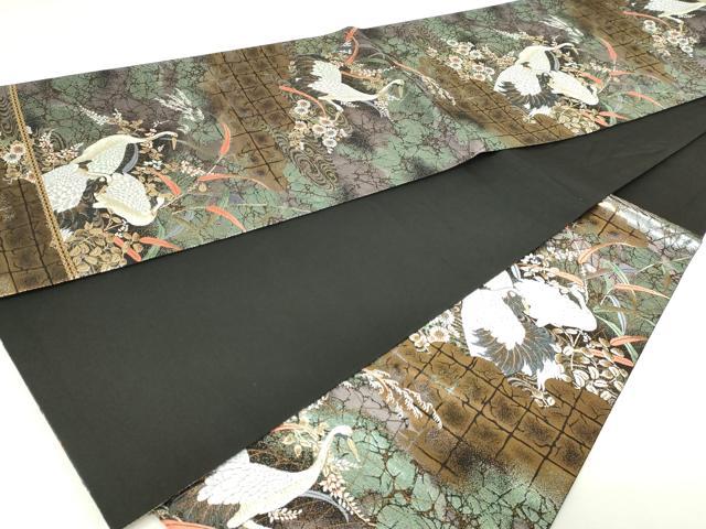 平和屋本店▼六通柄袋帯　唐織　群れ鶴草花文　24ｋ純金箔錦　黒地　正絹　24ｋ　逸品　DABE9124sf