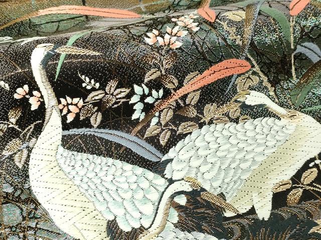 平和屋本店▼六通柄袋帯　唐織　群れ鶴草花文　24ｋ純金箔錦　黒地　正絹　24ｋ　逸品　DABE9124sf