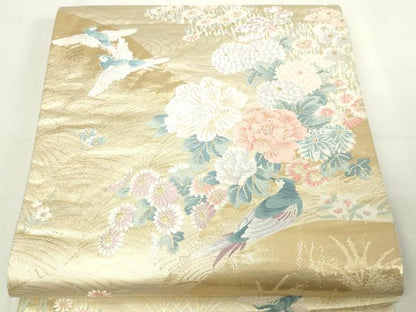 平和屋本店▼六通柄袋帯　唐織　花鳥文　本金箔二重織　正絹　24ｋ　逸品　DABE9127sf