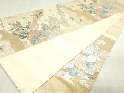 平和屋本店▼六通柄袋帯　唐織　花鳥文　本金箔二重織　正絹　24ｋ　逸品　DABE9127sf