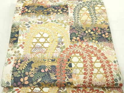 平和屋本店▼六通柄袋帯　草花文　本金箔　三越扱い　正絹　24ｋ　逸品　DABE9128sf