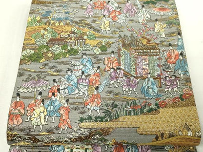 平和屋本店▼西陣　廣部商事謹製　全通全景柄袋帯　唐織　京蒔絵時代行列　弐捨四金箔使用　上代68万　正絹　24ｋ　逸品　DABE9134sf