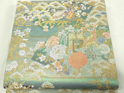 平和屋本店▼六通柄袋帯　地紙御所車花文　慶祥錦　九百本金箔　正絹　逸品　DABE9159sf