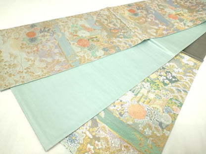 平和屋本店▼六通柄袋帯　地紙御所車花文　慶祥錦　九百本金箔　正絹　逸品　DABE9159sf