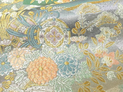 平和屋本店▼六通柄袋帯　地紙御所車花文　慶祥錦　九百本金箔　正絹　逸品　DABE9159sf