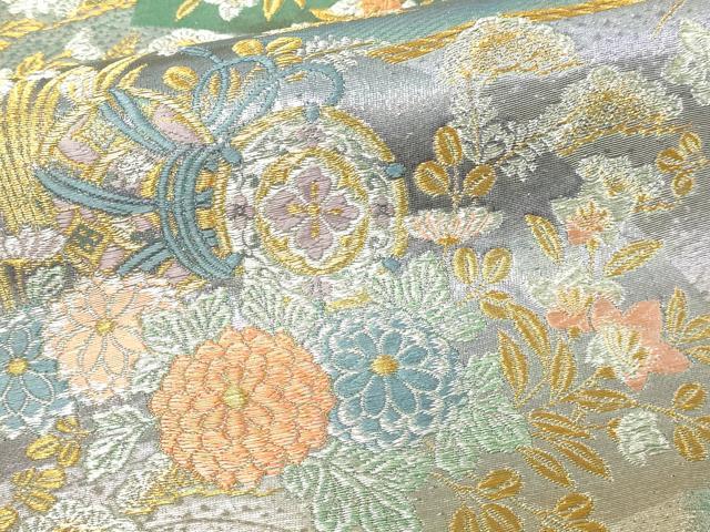 平和屋本店▼六通柄袋帯　地紙御所車花文　慶祥錦　九百本金箔　正絹　逸品　DABE9159sf