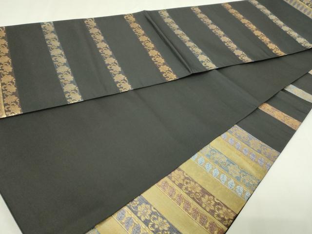 平和屋本店▼六通柄袋帯　横段裂小袖　本金　黒地　正絹　逸品　DABE9170sf