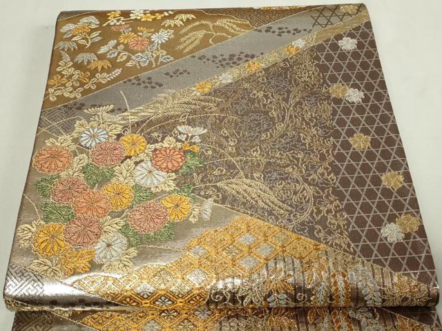 平和屋本店▼六通柄袋帯　草花文　純金二重箔　正絹　逸品　DABE9274sf 平和屋本店▽六通柄袋帯 草花文 純金二重箔 正絹 逸品