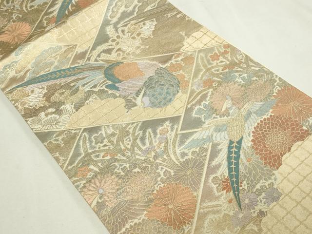 平和屋本店▼六通柄袋帯　尾長鳥花文　本金二重箔　正絹　逸品　DABE9278sf 平和屋本店▽六通柄袋帯 尾長鳥花文 本金二重