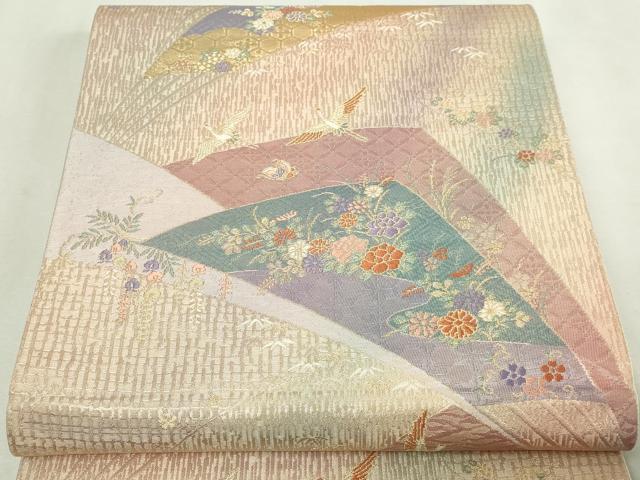 平和屋本店▼六通柄袋帯　飛鶴草花文　慶長錦　純銀金箔　正絹　逸品　DABE9279sf 平和屋本店▽六通柄袋帯 飛鶴草花文 慶長錦 純銀金箔