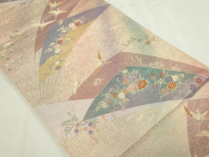 平和屋本店▼六通柄袋帯　飛鶴草花文　慶長錦　純銀金箔　正絹　逸品　DABE9279sf
