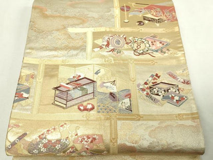 平和屋本店▼六通柄袋帯　唐織　違い棚古典　本金箔　正絹　逸品　DABE9285sf