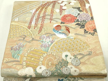 平和屋本店▼六通柄袋帯　唐織　柳橋鴛鴦　本金箔　正絹　逸品　DABE9296sf