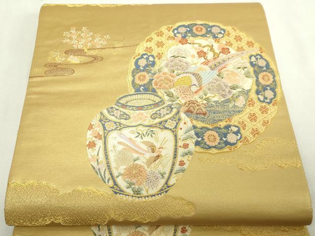 平和屋本店▼六通柄袋帯　唐織　雲取錦薫花鳥　漆金九百錦　正絹　逸品　DABE9297sf 平和屋本店▽六通柄袋帯 唐織 雲取錦薫花鳥 漆金