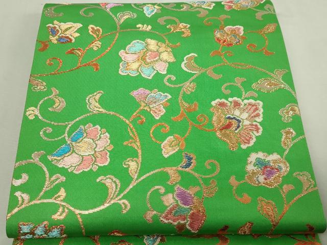 平和屋本店▼西陣　六通柄袋帯　手織　更紗花文　彩金錦　正絹　逸品　DABE9300sf