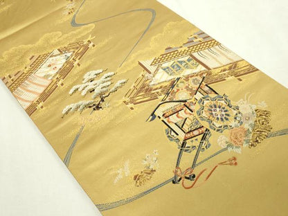 平和屋本店▼六通柄袋帯　御殿御所車　漆金九百錦　正絹　逸品　DABE9309sf