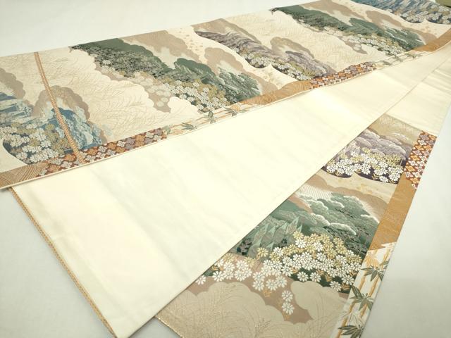 平和屋本店▼六通柄袋帯　唐織　雲取木立小菊　純金箔　正絹　逸品　DABE9315sf 平和屋本店▽六通柄袋帯 唐織 雲取木立小菊 純金箔 正絹