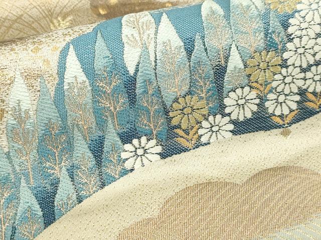平和屋本店▼六通柄袋帯　唐織　雲取木立小菊　純金箔　正絹　逸品　DABE9315sf 平和屋本店▽六通柄袋帯 唐織 雲取木立小菊 純金箔 正絹