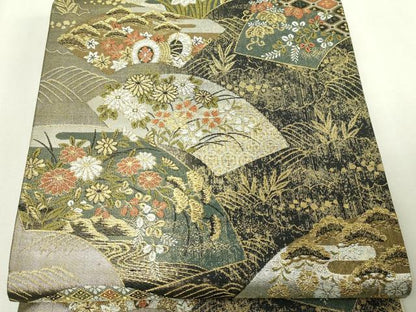 平和屋本店▼六通柄袋帯　地紙鼓花文　金彩　正絹　逸品　DABE9317sf