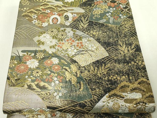 平和屋本店▼六通柄袋帯　地紙鼓花文　金彩　正絹　逸品　DABE9317sf
