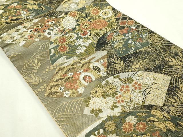 平和屋本店▽六通柄袋帯 地紙鼓花文 金彩 正絹 逸品