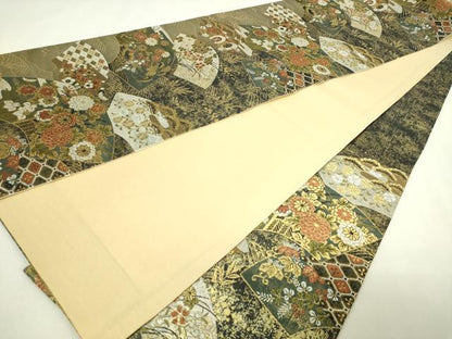 平和屋本店▼六通柄袋帯　地紙鼓花文　金彩　正絹　逸品　DABE9317sf
