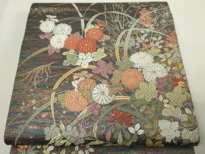 平和屋本店▼六通柄袋帯　蝋金織　草花文　正絹　逸品　DABE9321sf