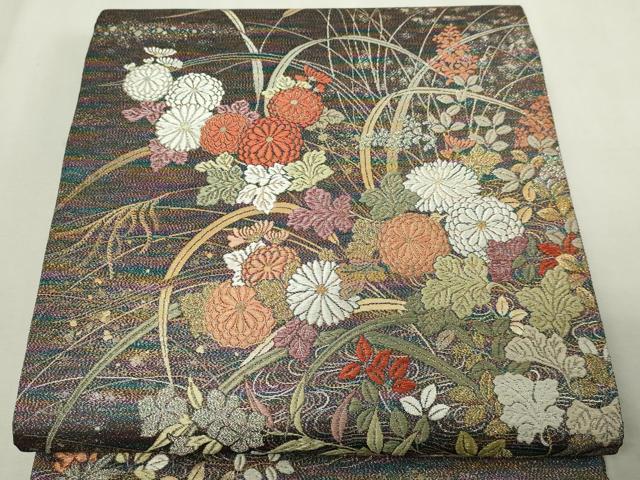 平和屋本店▼六通柄袋帯　蝋金織　草花文　正絹　逸品　DABE9321sf