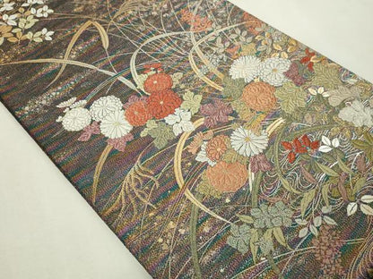 平和屋本店▼六通柄袋帯　蝋金織　草花文　正絹　逸品　DABE9321sf