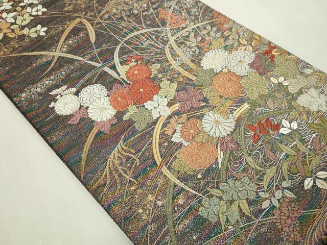 平和屋本店▼六通柄袋帯　蝋金織　草花文　正絹　逸品　DABE9321sf