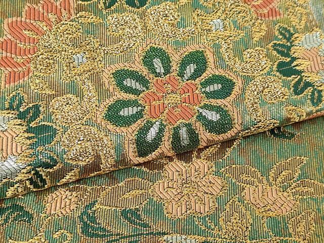平和屋本店▼六通柄袋帯　斜取更紗華文　珠金　正絹　逸品　DABE9325sf 平和屋本店▽六通柄袋帯 斜取更紗華文 珠金 正絹 逸品 DABE9325sf