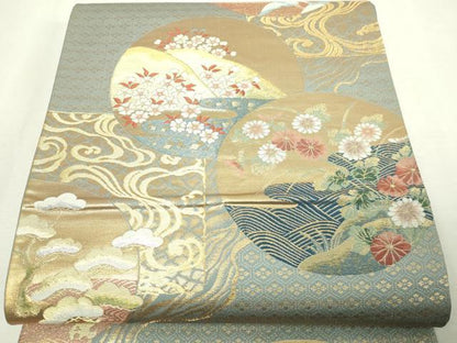 平和屋本店▼六通柄袋帯　飛鶴草花丸文　純金　正絹　逸品　DABE9331sf