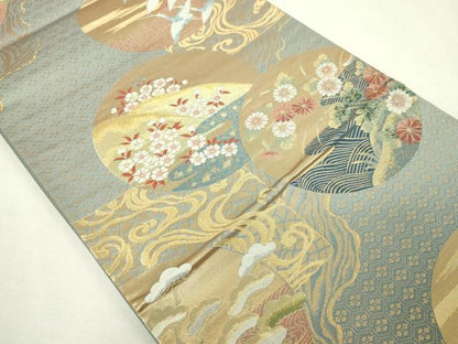 平和屋本店▼六通柄袋帯　飛鶴草花丸文　純金　正絹　逸品　DABE9331sf