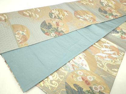 平和屋本店▼六通柄袋帯　飛鶴草花丸文　純金　正絹　逸品　DABE9331sf