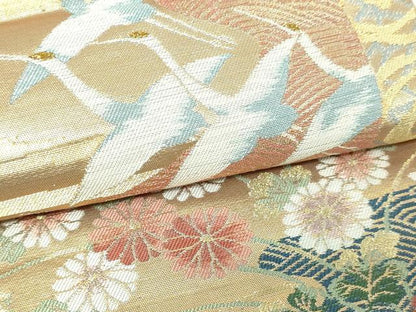 平和屋本店▼六通柄袋帯　飛鶴草花丸文　純金　正絹　逸品　DABE9331sf