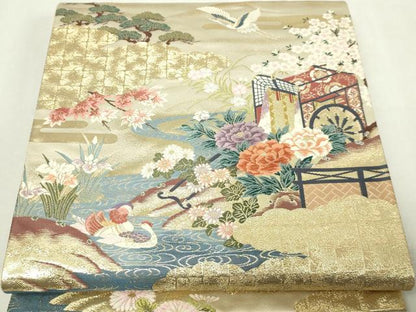 平和屋本店▼六通柄袋帯　唐織　御所車御苑文　本金二重箔　正絹　逸品　DABE9332sf