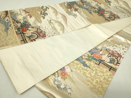 平和屋本店▼六通柄袋帯　唐織　御所車御苑文　本金二重箔　正絹　逸品　DABE9332sf